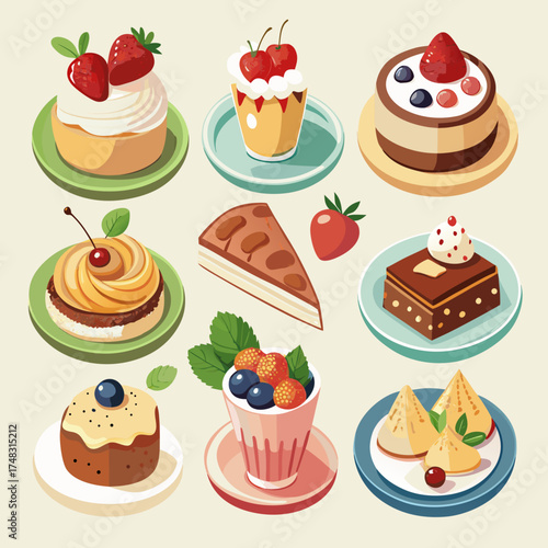 Delicious dessert assortment vector illustration sweet treats pastries cakes and fruit cups scalable graphics