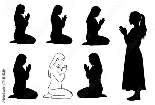 Silhouette set of women praying kneeling and standing with hands together in prayer pose.