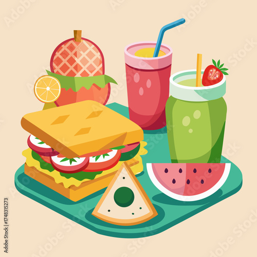 Delicious healthy lunch tray with sandwich drinks and fruit vector illustration fresh meal