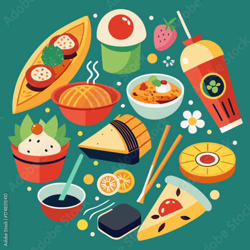 Vibrant circle of asian delicacies and sweet treats vector illustration
