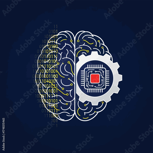 Vector illustration of digital brain with binary code on one side and a microchip with a gear on the other, representing artificial intelligence and technology on a dark blue background