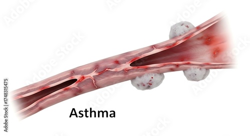 Illustration of Asthma - Bronchial Tube Inflammation and Airway Obstruction.