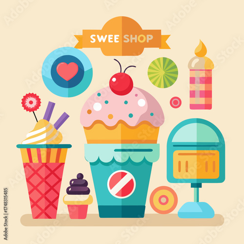 Vector sweet shop collection featuring ice cream cupcakes donuts and desserts
