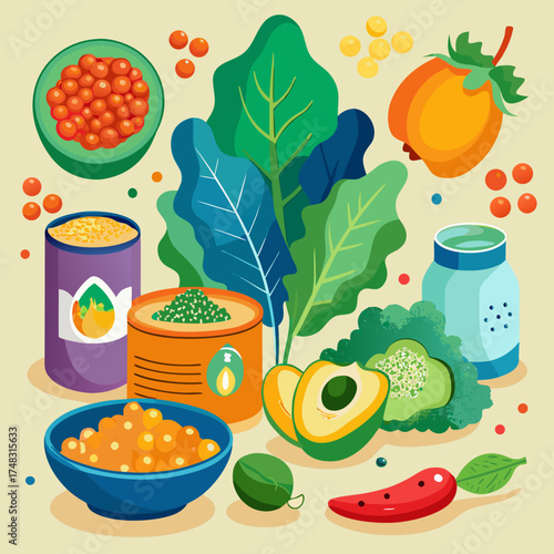 Healthy vegan food collection vector illustration featuring fruits vegetables and canned goods