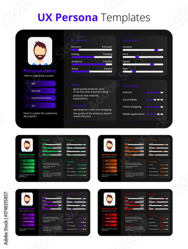 UX persona templates, perfect for UX/UI designers, product managers, and researchers. Ideal for presentations, workshops, and usability projects.