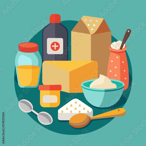Diverse dairy products and honey vector illustration healthy food collection scalable graphics