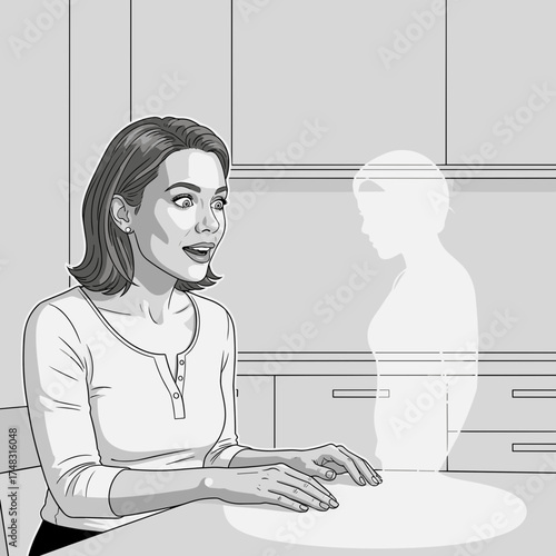 A woman is sitting at the kitchen table, staring in surprise at a holographic image.