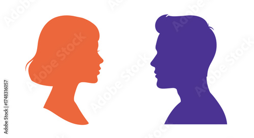 Silhouette profiles of a man and woman facing each other in color