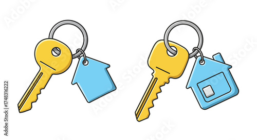 Cartoon illustration of two keychains with keys and house charms