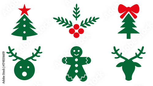 Christmas icons of trees holly berries reindeer heads bow and gingerbread man festive decoration vector illustration.