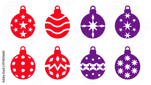 Christmas ornament balls in red and purple with stars stripes dots and snowflake patterns festive decoration.