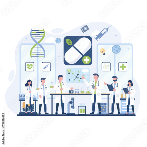 A team of scientists and doctors working in a lab, conducting research medicine, and biology, with large capsule and heartbeat elements
