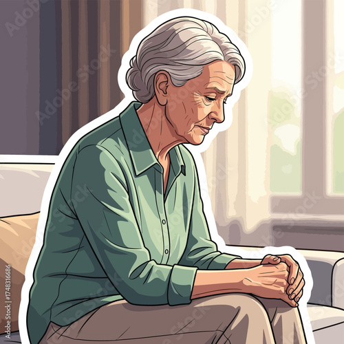 Elderly woman sitting on sofa with head bowed in contemplation