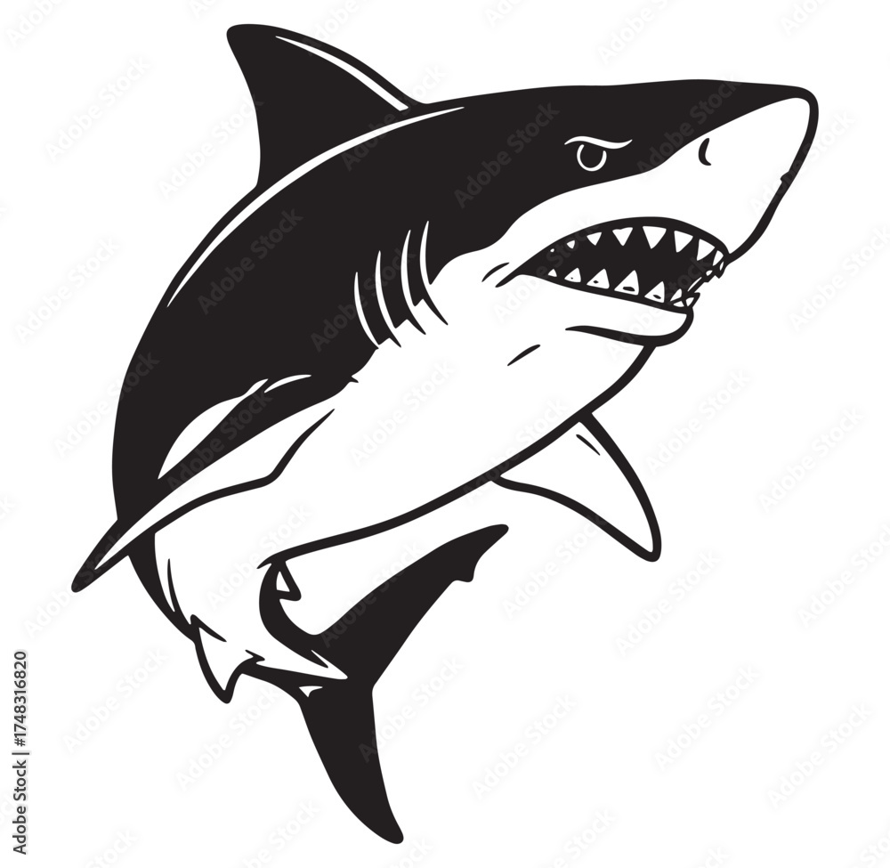 Fototapeta premium Fierce black and white illustration of a great white shark with open jaws ready to attack