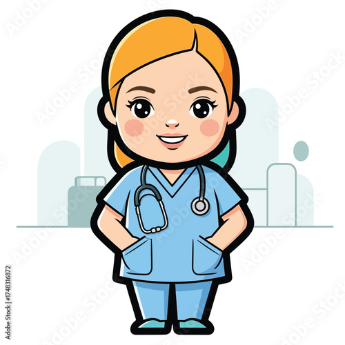 Cute cartoon nurse character wearing scrubs and stethoscope