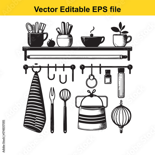 Vector art of vector illustration of kitchen utensils and supplies hanging on a rack and placed on shelves