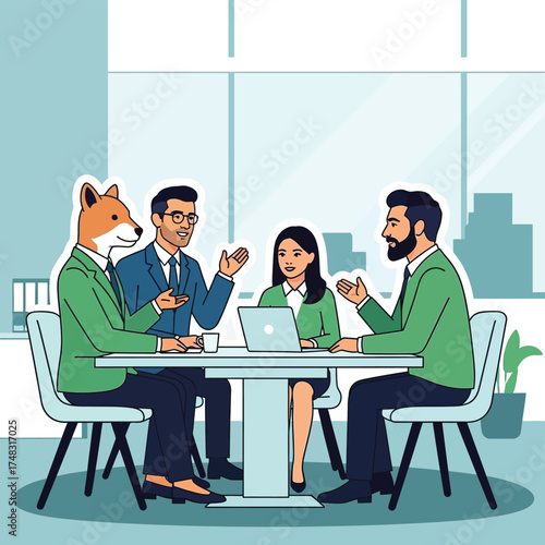 Diverse business team meeting with anthropomorphic fox character