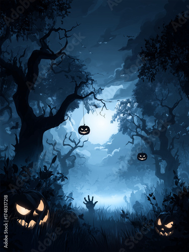 Spooky Halloween-themed illustration featuring glowing jack-o’-lanterns hanging among dark.