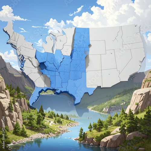 USA map highlighting a region, with a scenic landscape in the foreground