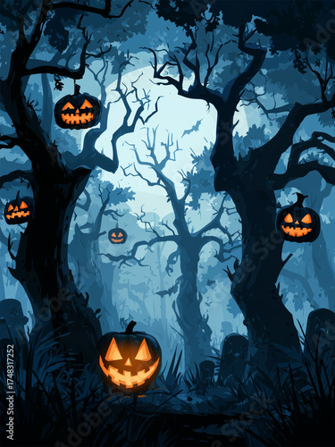 Spooky Halloween-themed illustration featuring glowing jack-o’-lanterns hanging among dark.