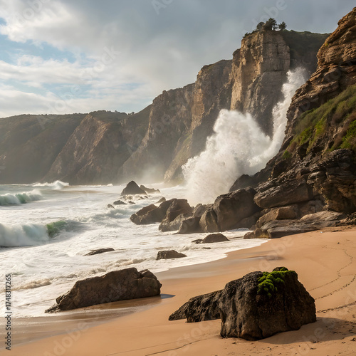 A dramatic seaside view where the beach meets rocky cliffs