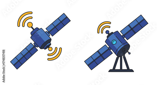 Two cartoon satellites with solar panels transmitting signals in space