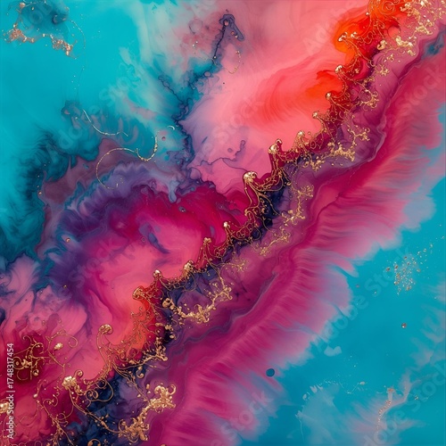 Colorful alcohol ink painting with flowing turquoise magenta coral and indigo hues accented by metallic gold veins and glossy reflective textures
