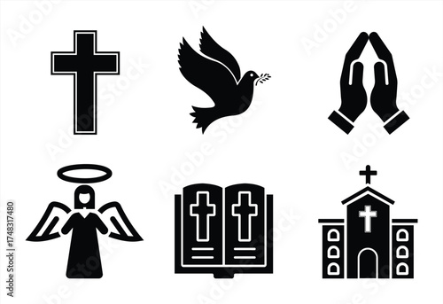 Christian Icon Set in Black Silhouette Style with Cross, Dove, Prayer Hands, Angel, Bible, and Church Symbols