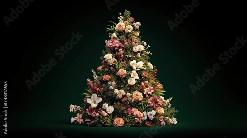 The Christmas tree is composed of flowers and leaves, set against a deep green background, with photo-realistic and cinematic style, highlighting its detailed design and festive atmosphere.