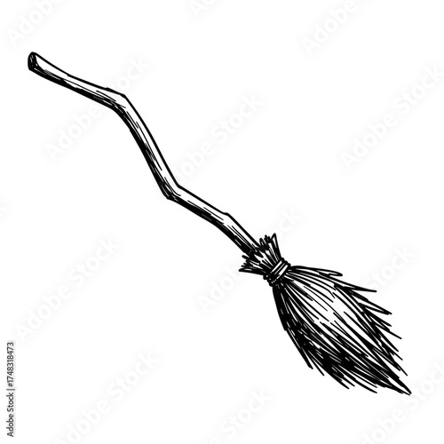 Hand-drawn broom with a wooden handle and straw bristles vector illustration on transparent background    