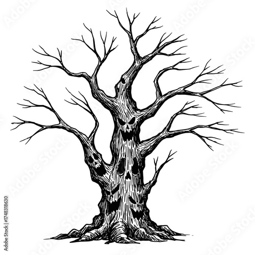 Scary dead tree with skulls and barren branches in black and white vector illustration on transparent background    