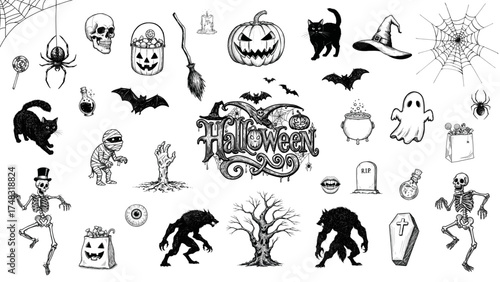 Halloween-themed vector illustrations featuring spooky icons on transparent background  