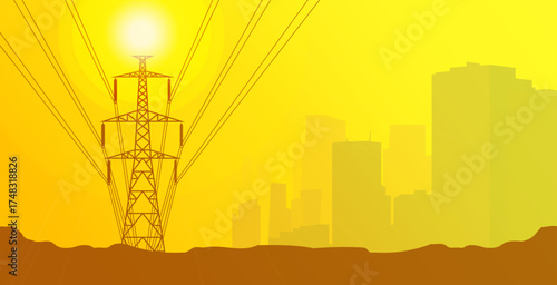 High voltage electric pole is a pole that transmits electricity from the power source to the city with the background of the evening sky. Flat vector.