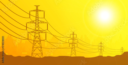 High voltage electric pole is a pole that transmits electricity from the power source to the city with the background of the evening sky. Flat vector.