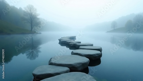 Misty Lake with Stone Pathway – Serene Morning Landscape with Fog and Reflection