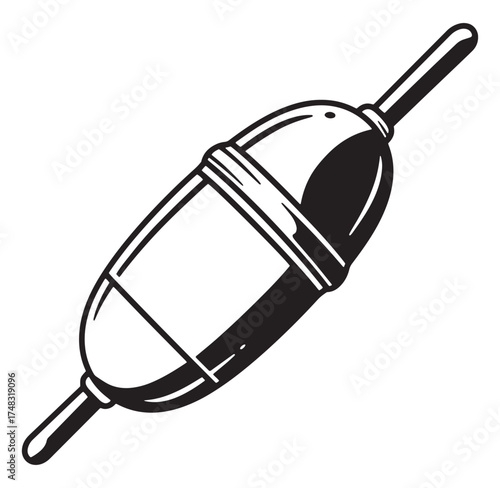 Isolated black and white illustration of a classic fishing bobber for angling recreation