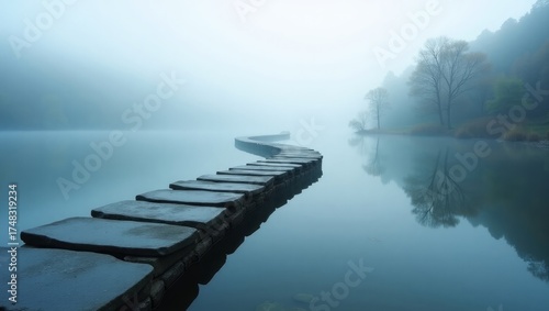 Misty Lake with Stone Pathway – Serene Morning Landscape with Fog and Reflection
