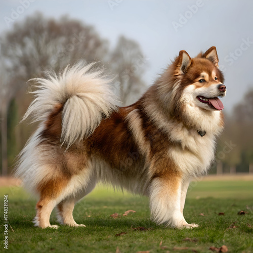 A Finnish Lapphund with thick fur and friendly eyes, known for its intelligence