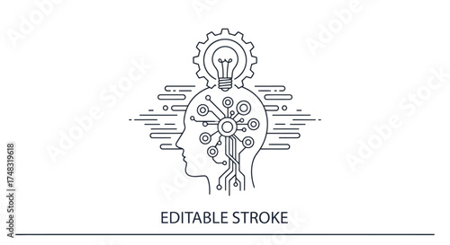 Vector illustration of outline illustration of a human head profile with a lightbulb and circuitry inside, representing artificial intelligence and innovative thinking