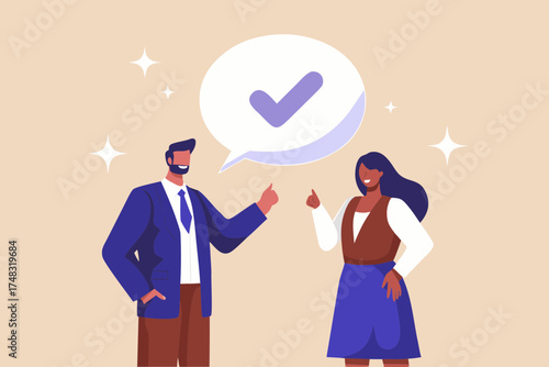 Two happy business people giving thumbs up with a checkmark in a speech bubble above them