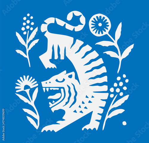 folk design illustration bird hawk flower floral tiger snake serpent rabbit hare bunny horse swallow eagle traditional sunflower