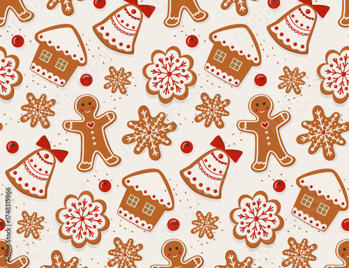 Seamless pattern with Seamless background with Christmas gingerbread on light beige background. Hand-drawn cute style, vector format, For wrapping paper, holiday textiles, greeting cards, digital 
