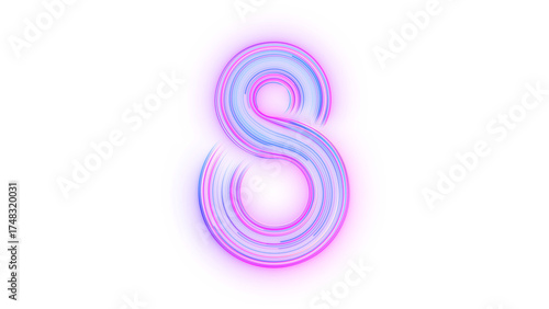 Photography Blue and violet glowing number 8 with neon light on transparent background with