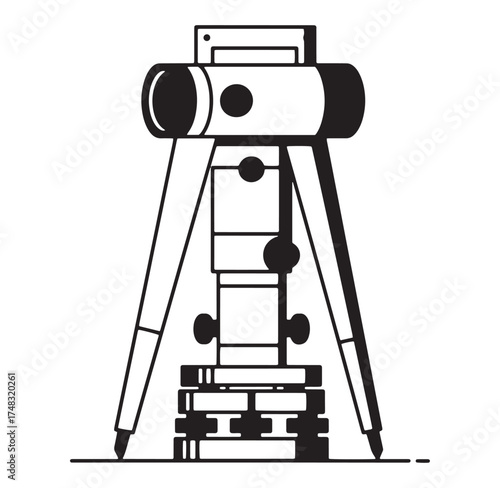 Simple and minimalist black and white illustration of a surveying transit instrument
