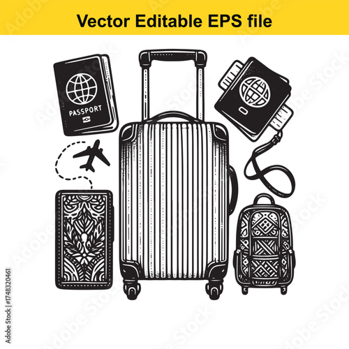 Vector art of travel essentials featuring a large suitcase, passports, and a backpack