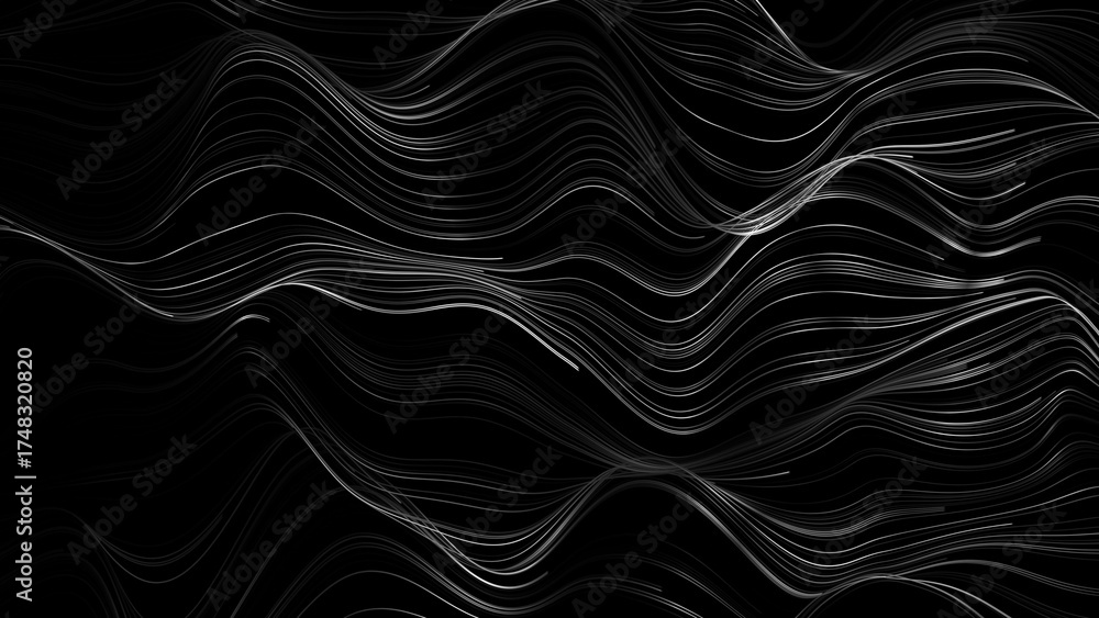 Fototapeta premium Elegant abstract white glowing wavy lines on a dark background. Minimal monochrome stripes and flowing patterns. Futuristic digital art, stylish modern waves, perfect for creative backgrounds, techn