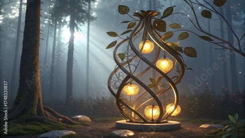 Abstract golden fruit sculpture within a misty forest