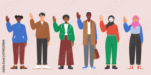 Diverse group of people waving hello in a friendly and welcoming manner