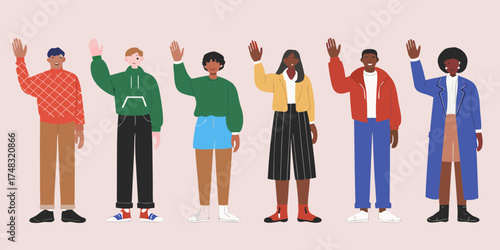 Diverse group of people waving hello with friendly expressions and casual clothing