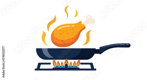 A delicious chicken leg is being fried in a pan on a gas stove.